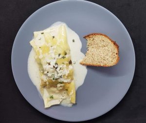 Cannelloni med spinat og hellefisk