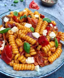 Cremet pastaret med middelhavsstemning