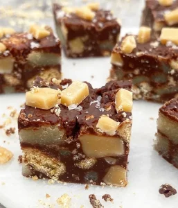 Nougatstykker med chokolade, kiks, karamelfudge og marcipan