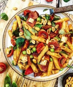 Rød pastasalat med chorizo og grønt