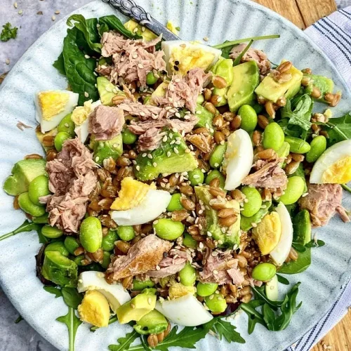 Speltsalat med tun, æg og avocado